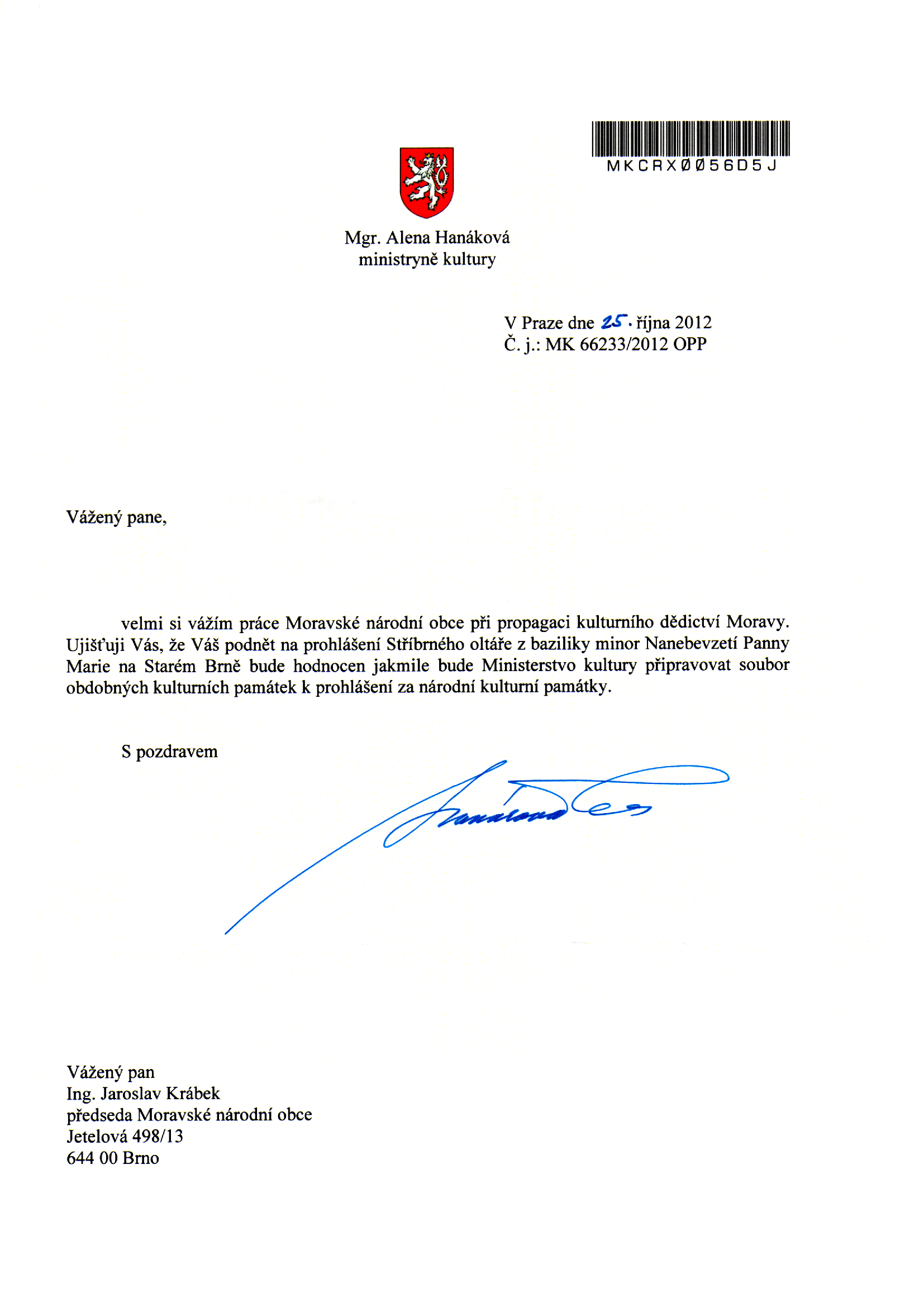 Dopis Ministerstvo kultury ČR